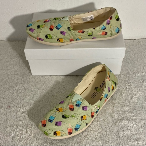 Toms Shoes - Toms Alpargata Green Matcha Boba Tea Printed Slip On Canvas Shoes Women’s Size 9